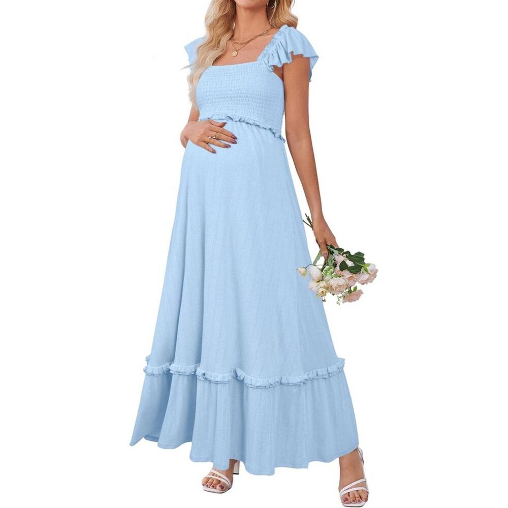 Brand New Ouges Blue Smocked Maternity Maxi Dress
